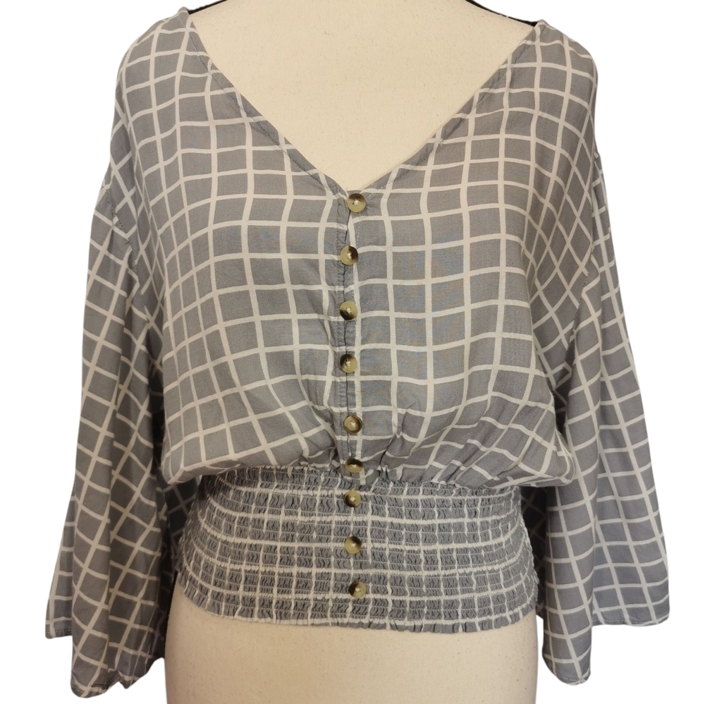 Japna V-Neck Bell Sleeve Button Front Lightweight Blouse Grey/White - Sz L